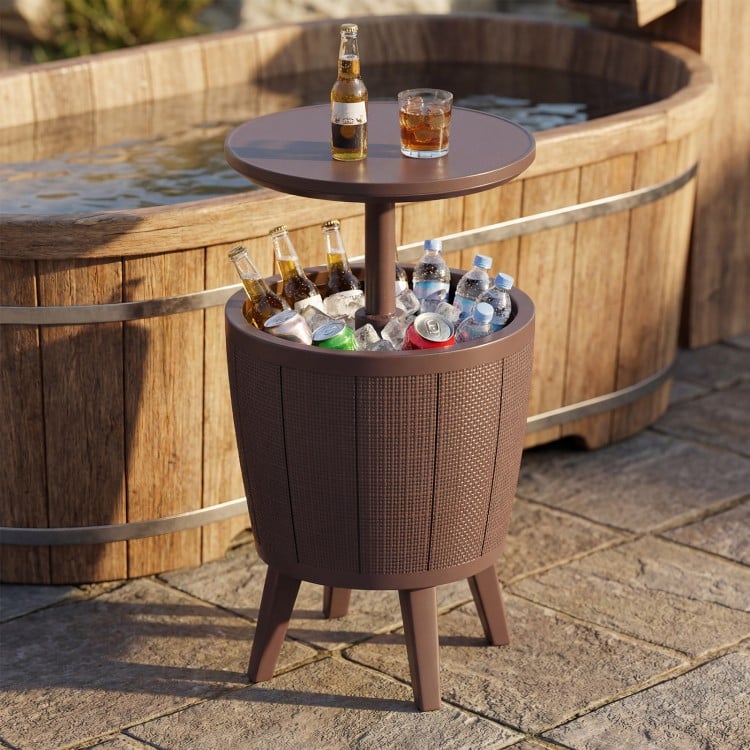 Brown 10-gallon beer and wine cooler with lift-top, drainage plug, and dual-use as a side table for outdoor gatherings.