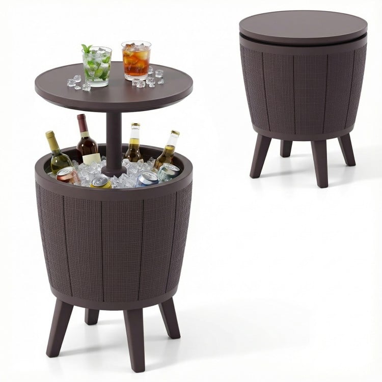 Brown 10-gallon beer and wine cooler with lift-top, drainage plug, and dual function as a side table for outdoor use.