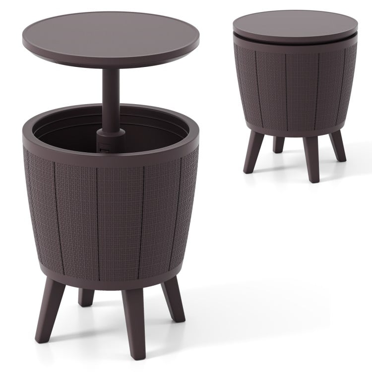 Brown 10-gallon beer and wine cooler with lift-top, featuring a drainage plug, ideal for patio and poolside use.