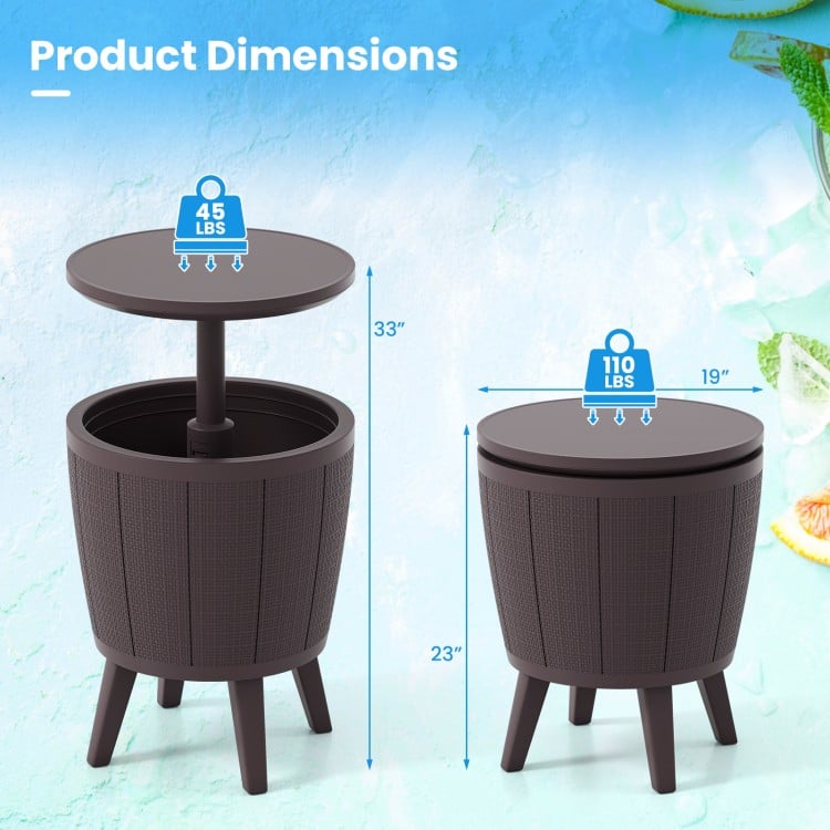 10-gallon brown beer and wine cooler with lift-top, drainage plug, and adjustable height for outdoor use.