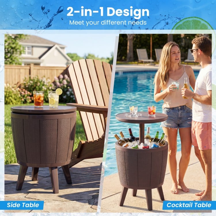 Brown 10-gallon beer and wine cooler with lift-top, serving as a side or cocktail table for outdoor gatherings.