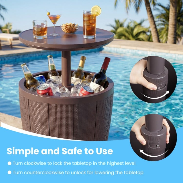 Brown 10-gallon beer and wine cooler with lift-top, shown at poolside, doubles as a cocktail table for outdoor use.