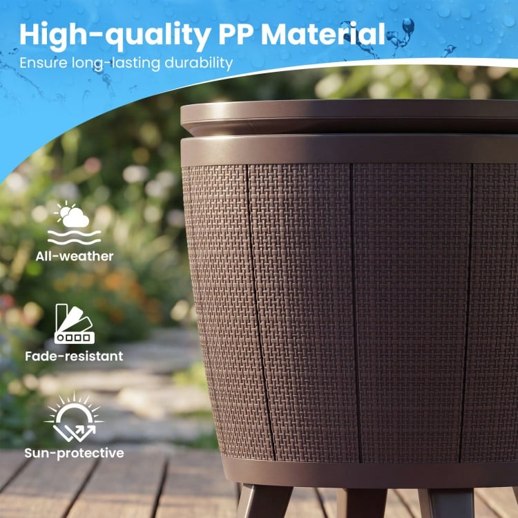 10-gallon brown beer and wine cooler with lift-top, made of durable PP material, ideal for patio and outdoor use.