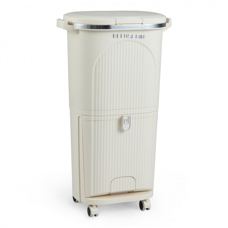 10-gallon beige kitchen trash can with dual buckets, push-top lid, and wheels for easy mobility and waste sorting.