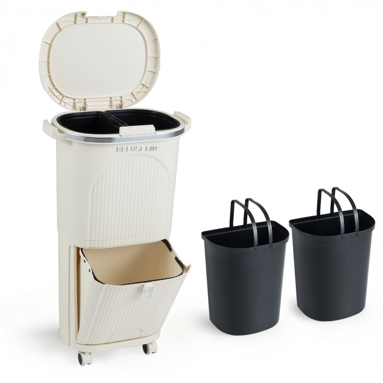 Beige 10-gallon kitchen trash can with dual 3.2-gallon buckets and tilting compartment, featuring a push-top lid and.