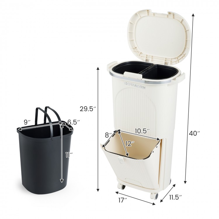 Beige 10-gallon kitchen trash can featuring a tilting compartment, extra pulling handle, and lockable wheels for.