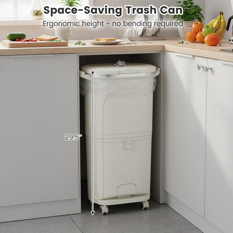Space-saving 10-gallon beige kitchen trash can with dual buckets, ergonomic height, and rolling wheels for easy.