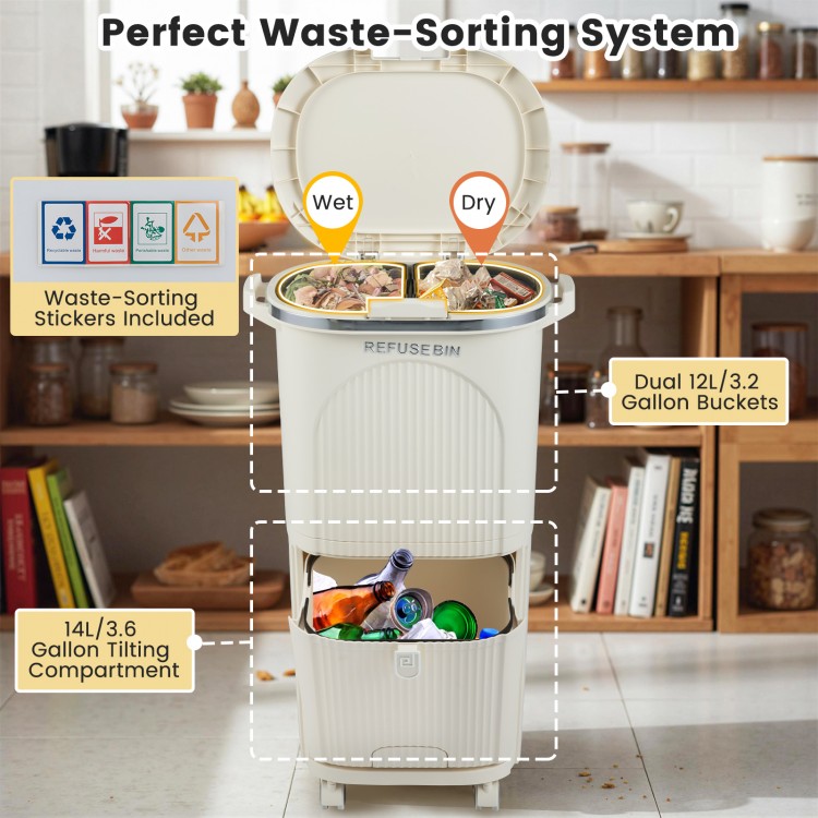 Beige 10-gallon kitchen trash can with dual 3.2-gallon buckets and 3.6-gallon tilting compartment for waste sorting.
