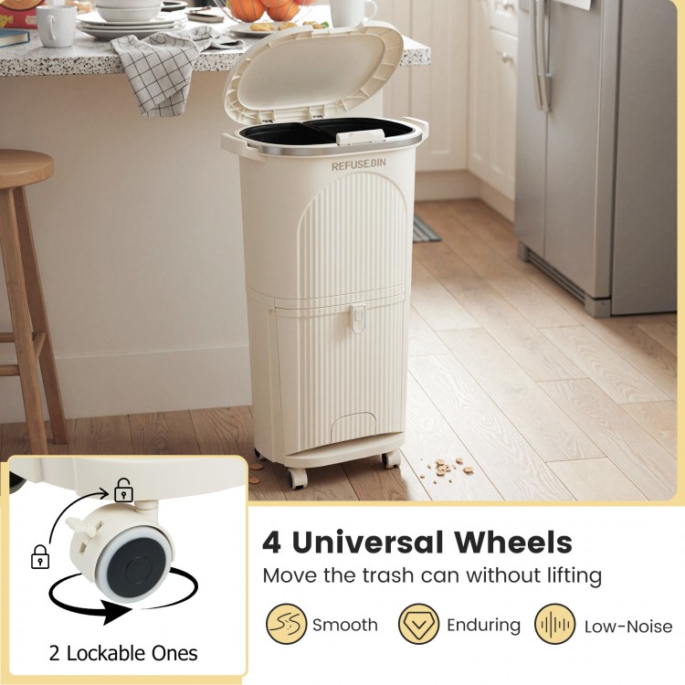 Beige 10-gallon kitchen trash can with dual buckets, push-top lid, and 4 universal wheels for easy mobility.
