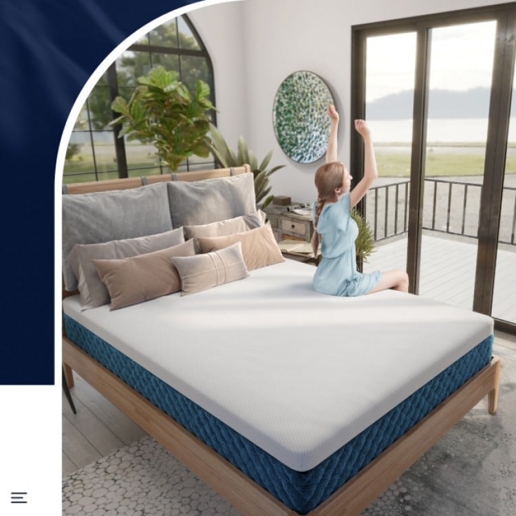 Queen size 10-inch mattress with gel-infused memory foam and charcoal layer, shown in a cozy bedroom setting.