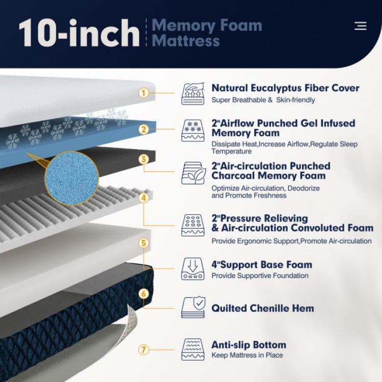 10-inch queen mattress with gel-infused memory foam, eucalyptus fiber cover, and anti-slip bottom for cooling comfort.