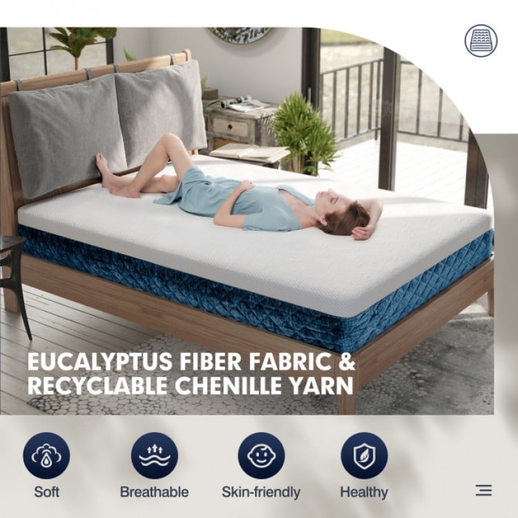 Queen size 10-inch mattress with eucalyptus fiber fabric and gel-infused memory foam for cooling and comfort.