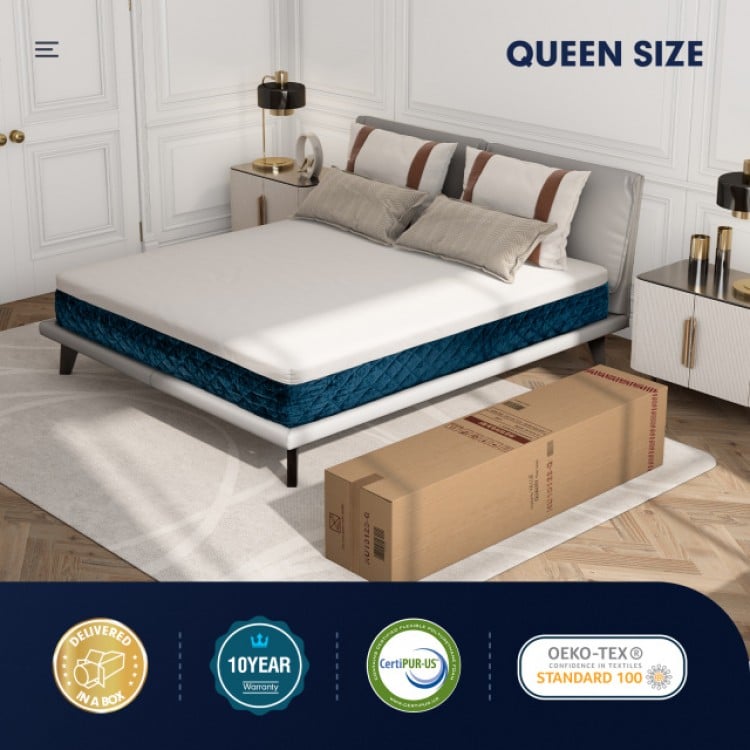Queen size 10-inch mattress with jacquard fabric cover, featuring gel-infused memory foam for cooling sleep, delivered.