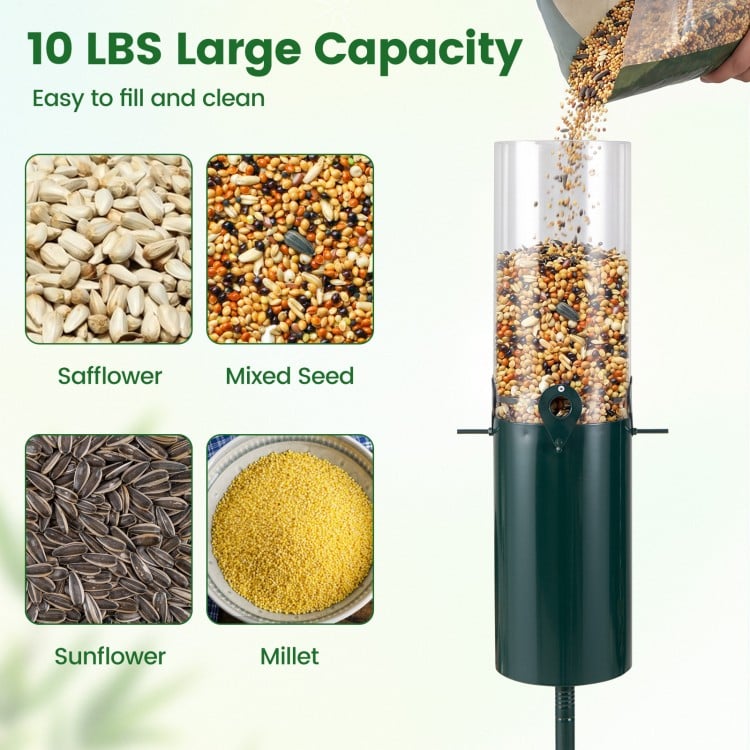 Large capacity squirrel-proof bird feeder with pole mount, holding 10 lbs of mixed seeds for all-season use.