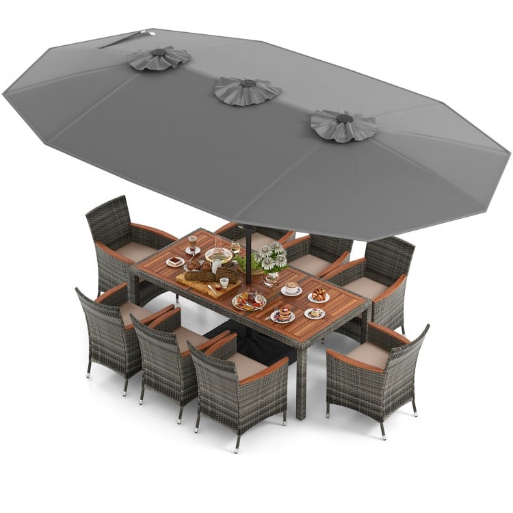 Top view of the 10-piece patio wicker dining set with gray cushions and large double-sided umbrella, perfect for family.