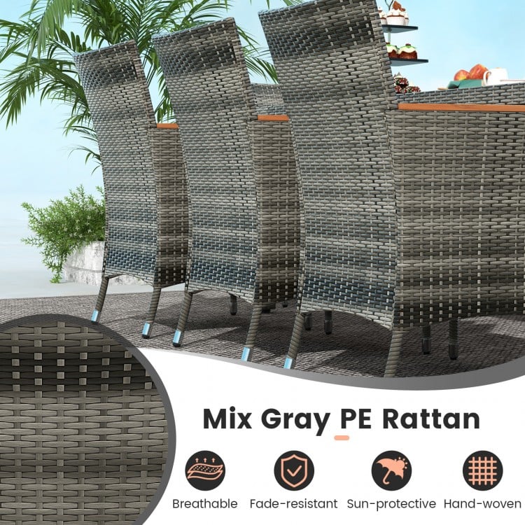 Patio wicker dining set featuring mix gray PE rattan, acacia wood tabletop, and six chairs, perfect for outdoor.