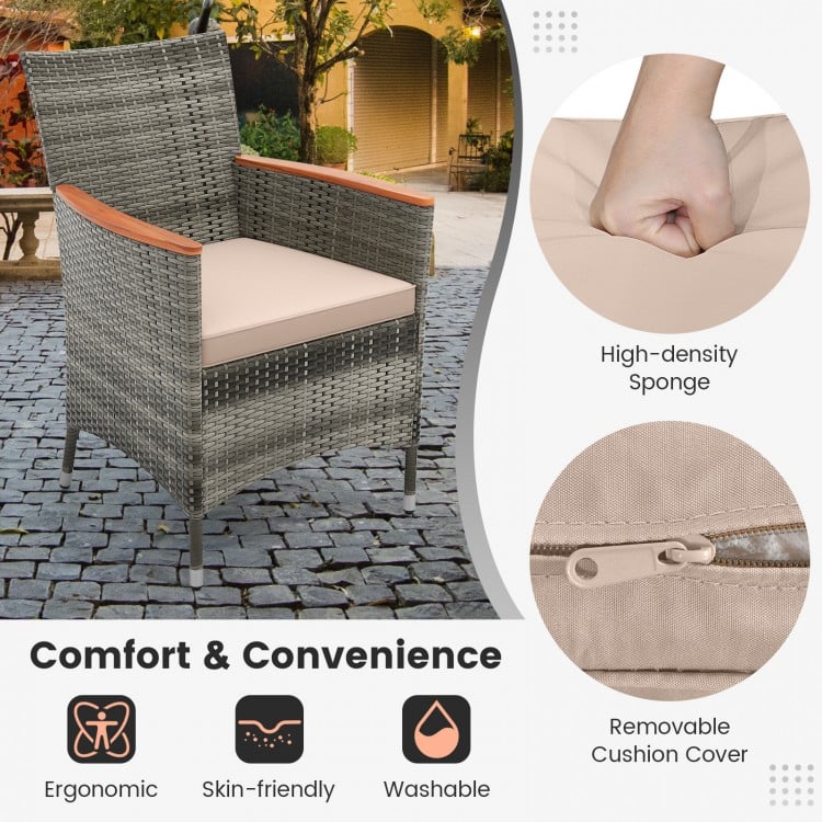 Gray wicker dining chair with soft padded cushion and acacia wood armrests, ideal for outdoor patio comfort.