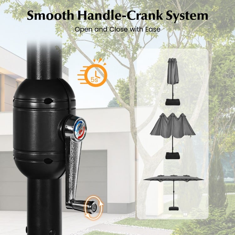 Close-up of the smooth handle-crank system for the 15 feet double-sided patio umbrella, designed for easy opening and.