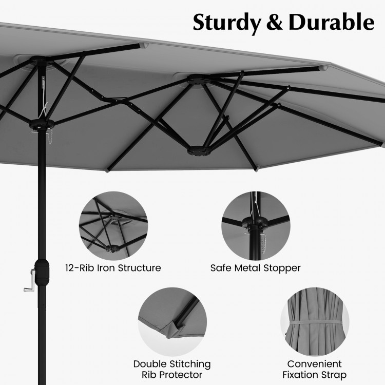 Close-up of the 15-foot double-sided patio umbrella's 12-rib iron structure and safe metal stopper for durability.