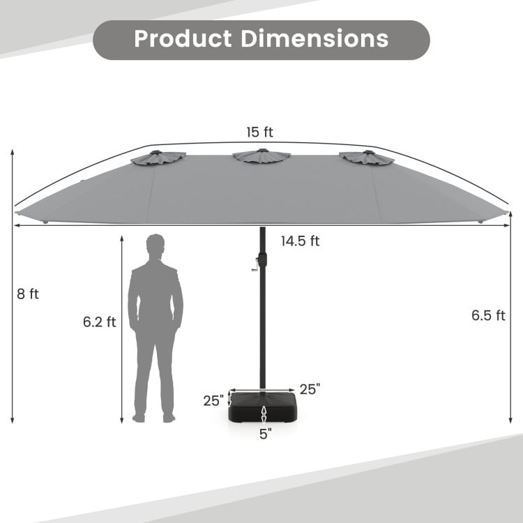 15-foot double-sided patio umbrella dimensions with a weighted base, ideal for the 10-piece wicker dining set.