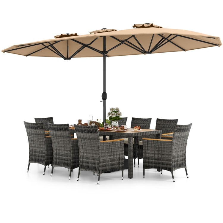 10-piece patio wicker dining set featuring a large double-sided umbrella, perfect for outdoor gatherings and relaxation.