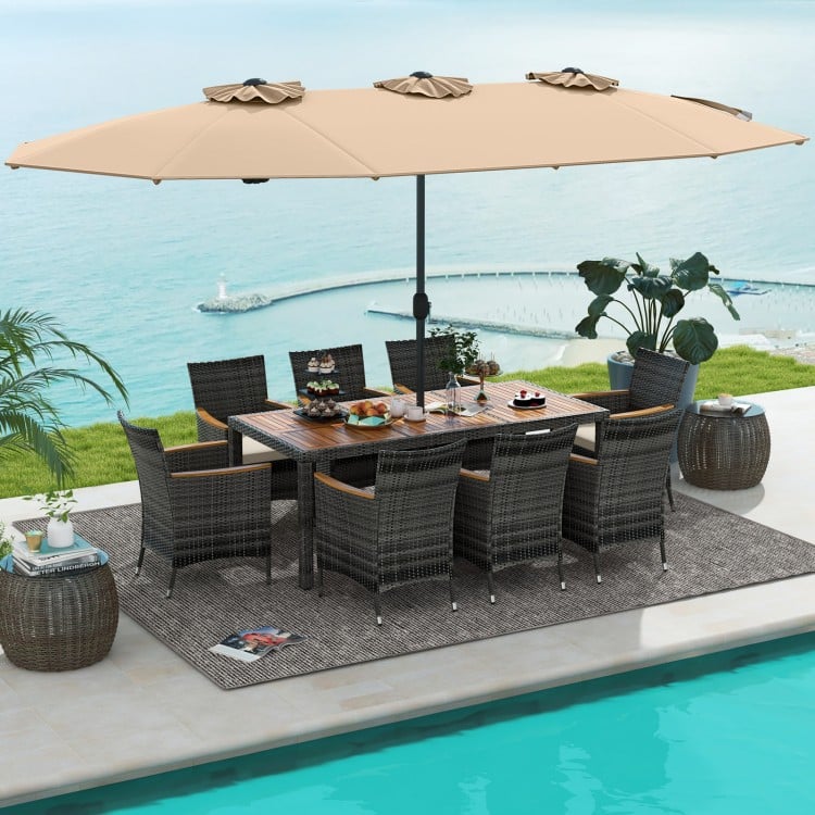 10-piece patio wicker dining set with acacia wood tabletop and large double-sided umbrella, perfect for outdoor.