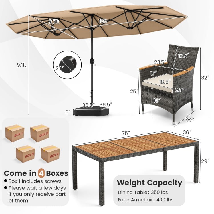10-piece patio wicker dining set featuring a 15-foot double-sided umbrella, acacia wood tabletop, and 6 chairs for.