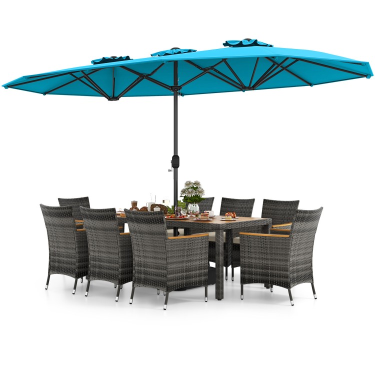 10-piece patio wicker dining set featuring a turquoise double-sided umbrella, acacia wood tabletop, and 8 cushioned.