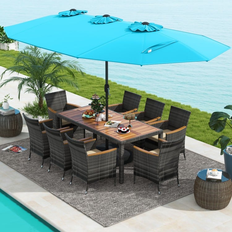 10-piece patio wicker dining set with turquoise umbrella, featuring acacia wood tabletop and comfortable padded chairs.