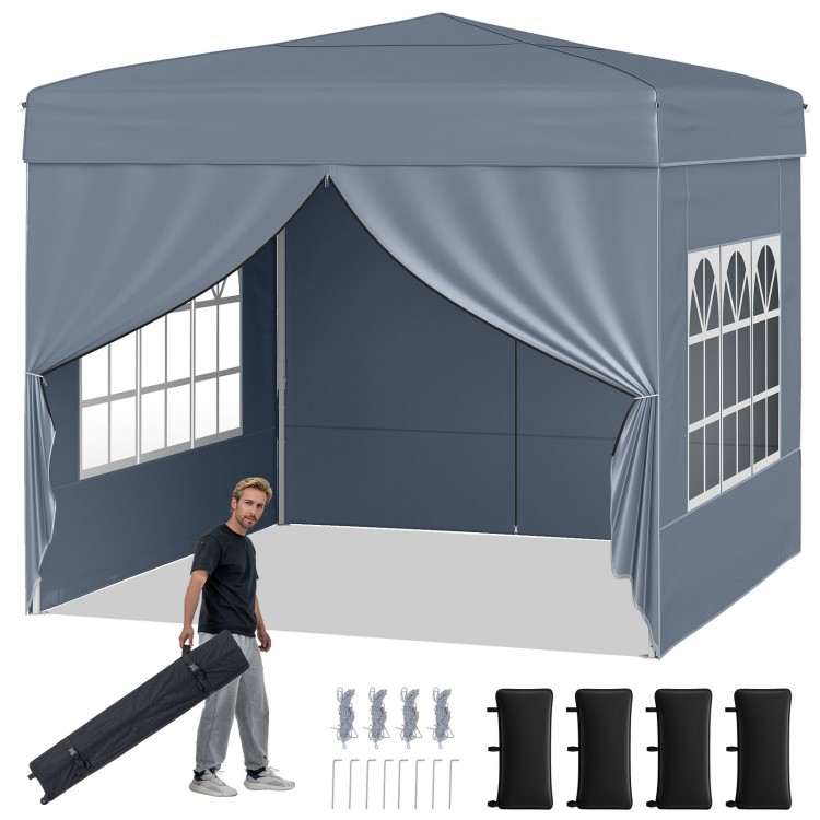 Gray 10x10 ft pop-up canopy tent with 4 sidewalls, ideal for outdoor events, featuring zippered access and UPF50+.