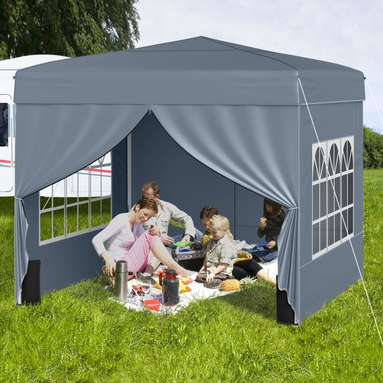 Gray 10x10 ft pop-up canopy tent with sidewalls, ideal for outdoor picnics and events, featuring UPF50+ sun protection.