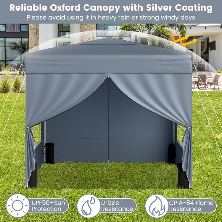 Gray 10x10 ft pop-up canopy tent with four sidewalls, offering UPF50+ sun protection and drizzle resistance for outdoor.