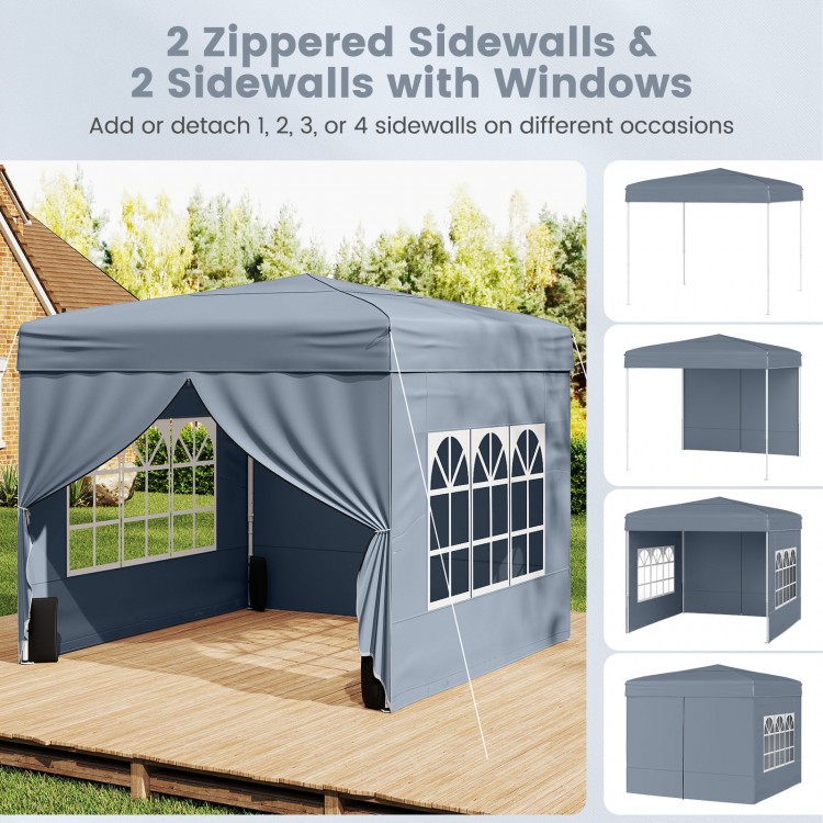 Pop up canopy tent with gray oxford cloth, featuring 4 removable sidewalls for versatile outdoor use and sun protection.