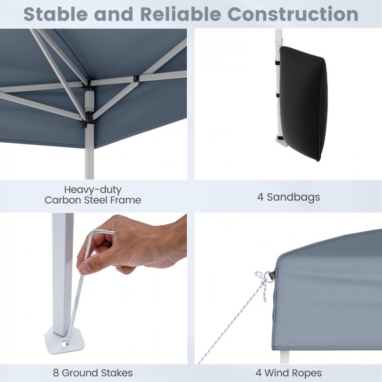 Close-up of the 10x10 ft pop-up canopy tent's heavy-duty carbon steel frame with 4 sandbags for added stability.
