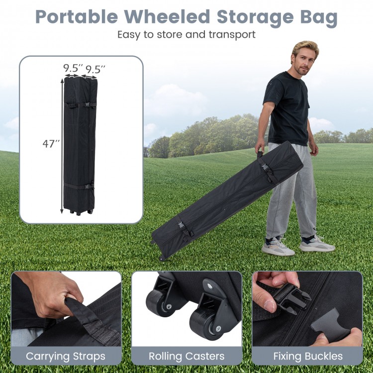Wheeled storage bag for 10x10 FT pop-up canopy tent, featuring carrying straps and rolling casters for easy transport.