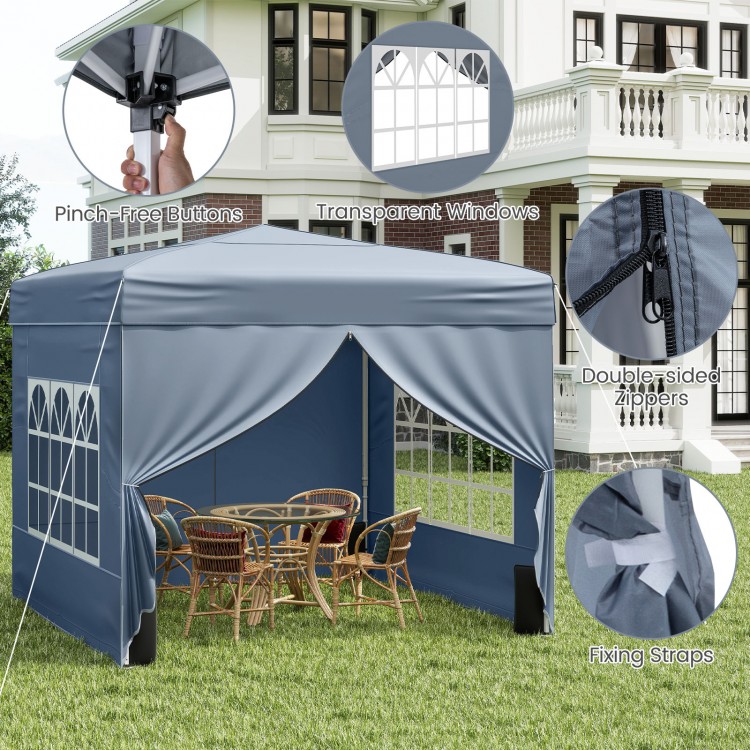 Gray 10x10 ft pop-up canopy tent with transparent windows and zippered sidewalls, perfect for outdoor events and sun.