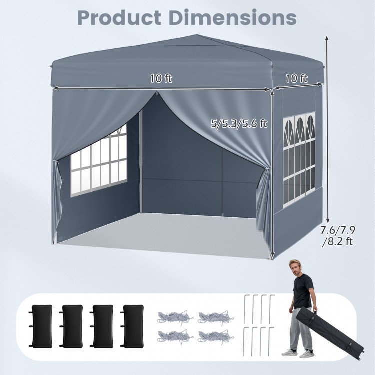 Gray 10x10 ft pop-up canopy tent with 4 sidewalls, ideal for outdoor events, featuring UPF50+ sun protection.