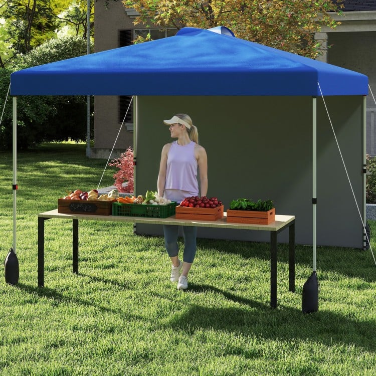 Blue 10 x 10 ft pop-up canopy tent with sidewall, set up for outdoor use, ideal for markets or events.
