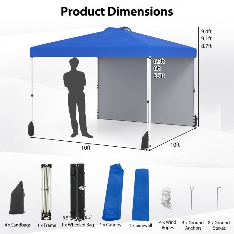 10x10 FT blue pop-up canopy tent with sidewall, wheeled bag, and dimensions for easy setup and transport.