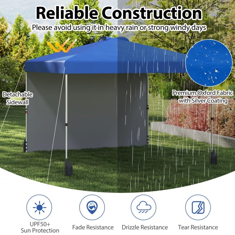 Blue 10x10 FT pop-up canopy tent with sidewall, featuring UPF50+ sun protection and sturdy construction for outdoor use.