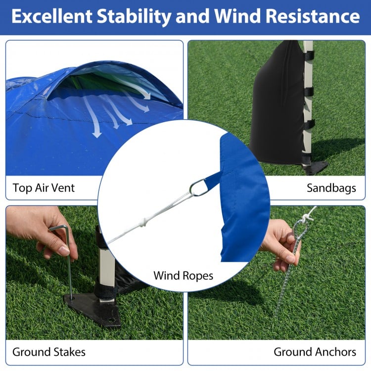 Pop-up canopy tent features wind ropes, sandbags, and stakes for stability; ideal for outdoor events and protection.