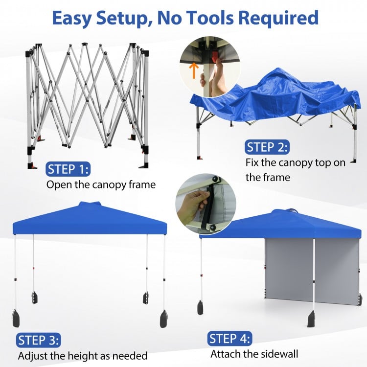 Pop-up canopy tent setup steps showing blue canopy, frame adjustment, and sidewall attachment for easy outdoor use.