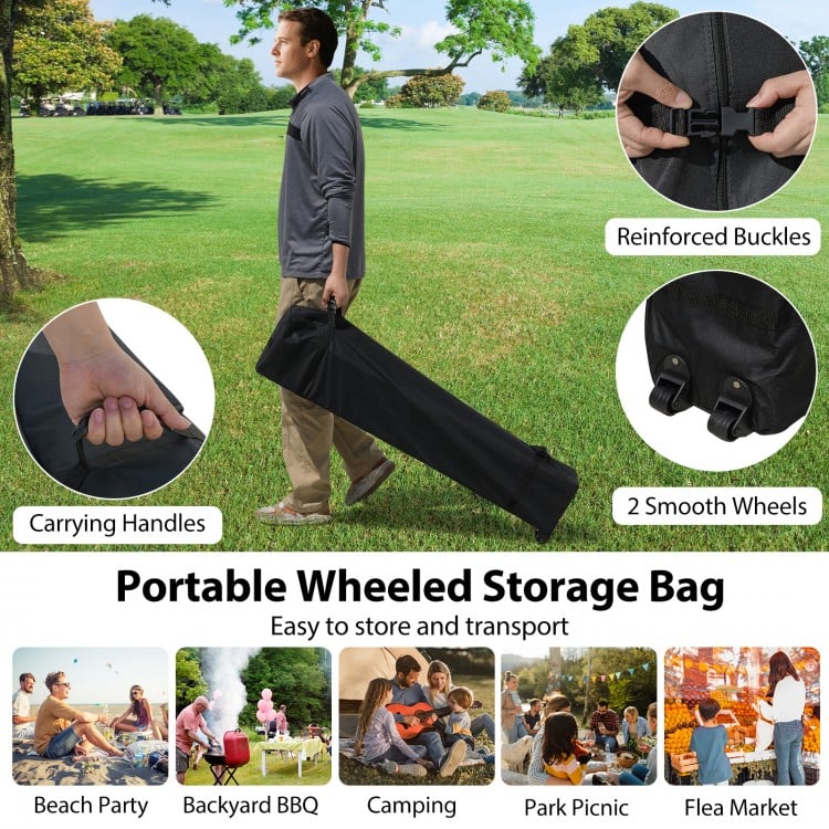 Portable wheeled storage bag with reinforced buckles and smooth wheels, ideal for transporting the 10x10 ft pop-up.