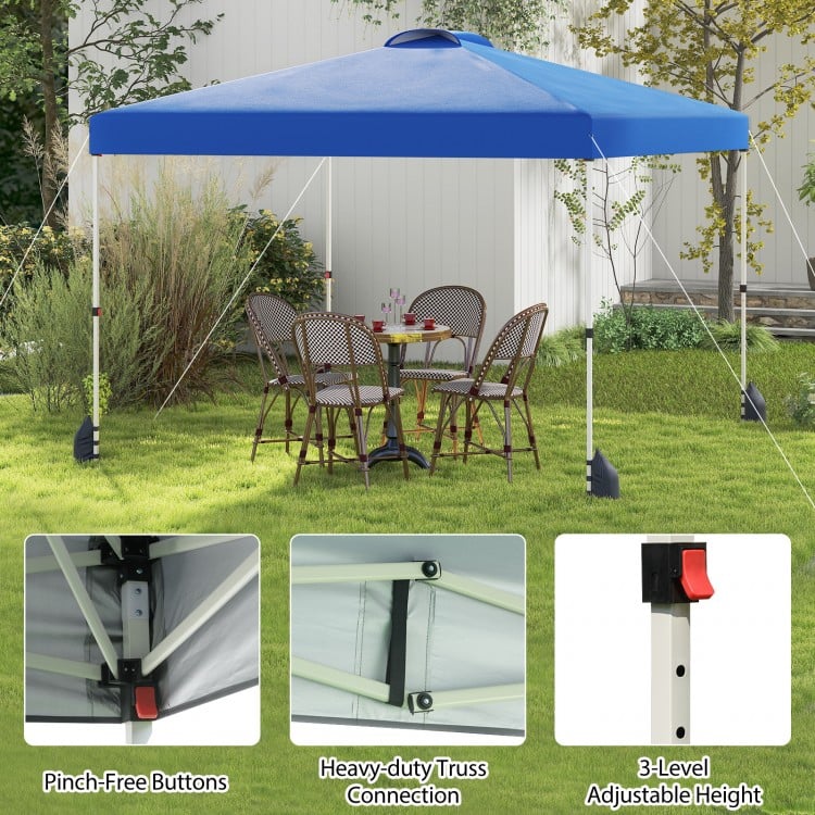 10x10 ft blue pop-up canopy tent with sidewall, featuring adjustable height and sturdy truss connections for outdoor.