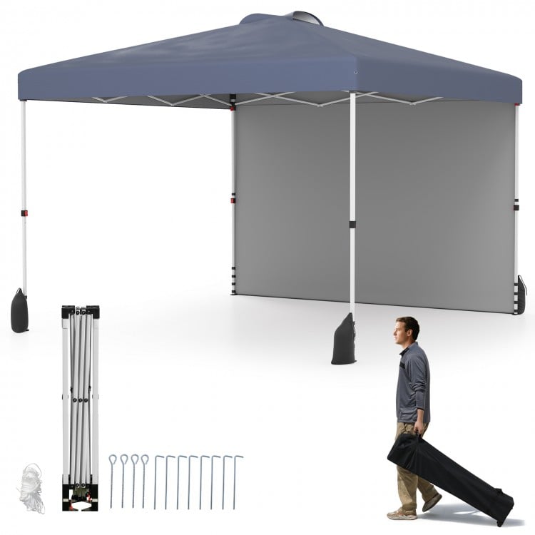 10x10 ft gray pop-up canopy tent with sidewall, wheeled bag, and accessories for easy setup and sun protection.