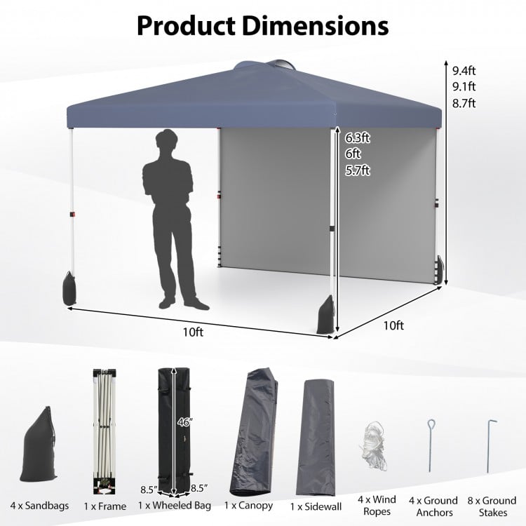 10x10 FT gray pop-up canopy tent with sidewall, showing dimensions and included accessories for easy setup and.