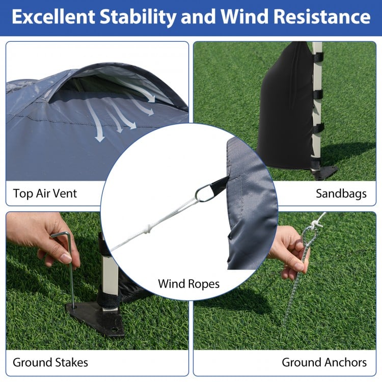 Pop-up canopy tent features wind ropes, sandbags, and stakes for stability, ideal for outdoor events and protection.