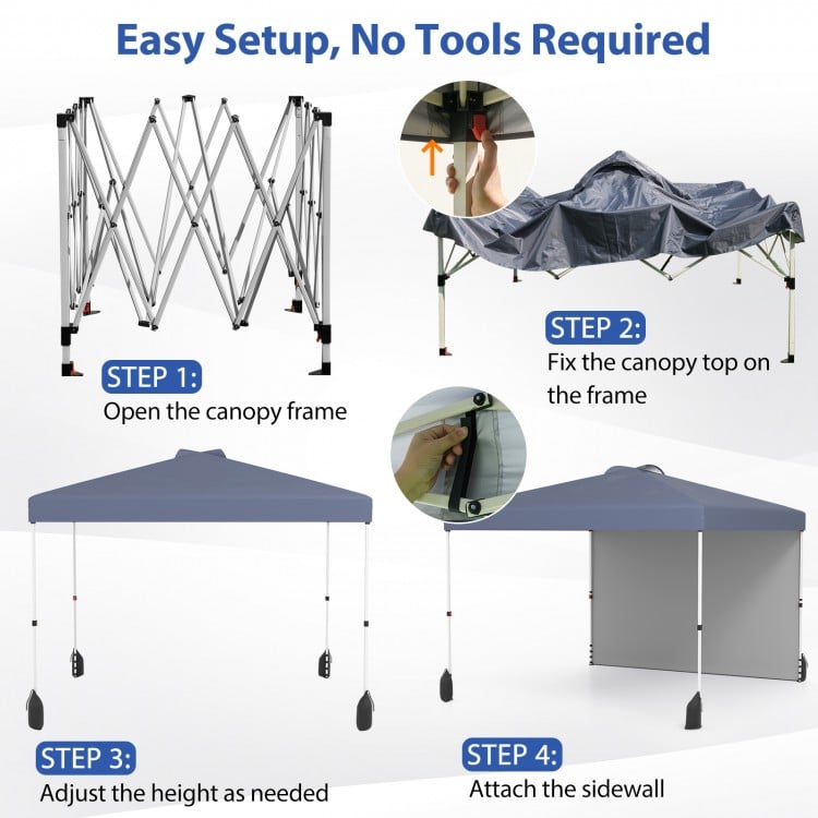 Pop-up canopy tent setup steps showing frame opening, canopy attachment, height adjustment, and sidewall installation.