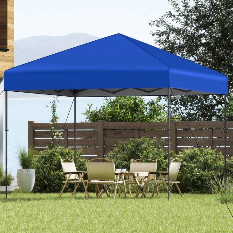 Blue 10 x 10 feet pop-up canopy tent set up in a garden, ideal for outdoor events and providing UPF50+ sun protection.
