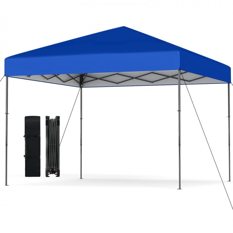 Blue 10 x 10 feet pop-up canopy tent with portable carrying bag and 8 stakes, ideal for outdoor events and protection.